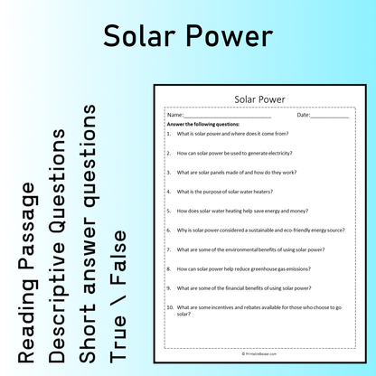Solar Power | Reading Comprehension Passage Printable Worksheet
