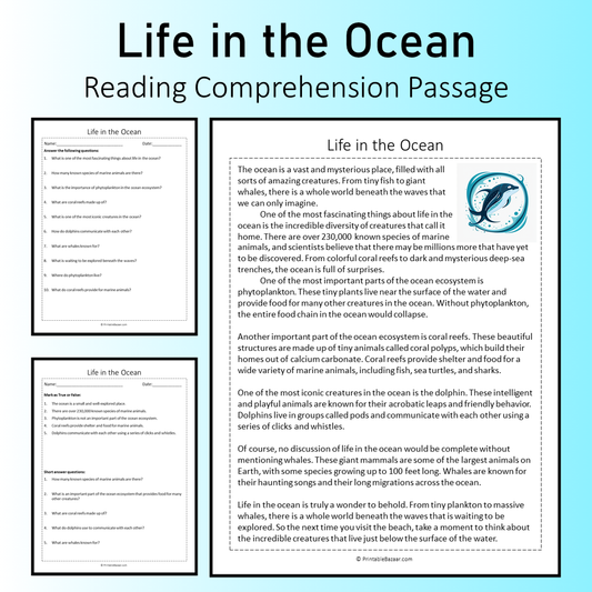 Life in the Ocean | Reading Comprehension Passage Printable Worksheet