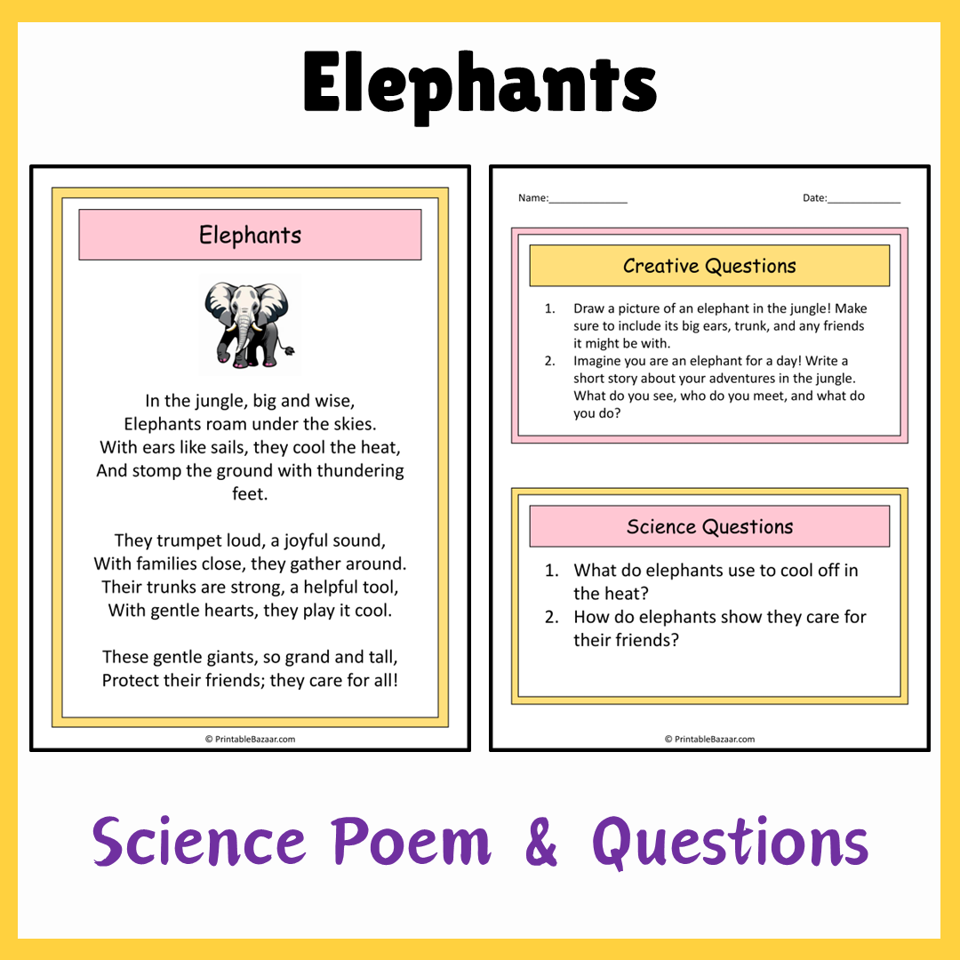 Elephants | Science Poem Reading Comprehension Activity