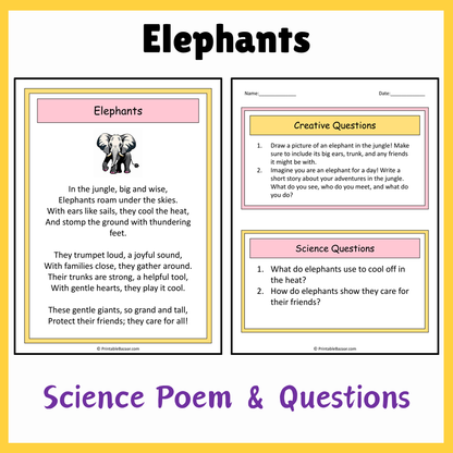 Elephants | Science Poem Reading Comprehension Activity