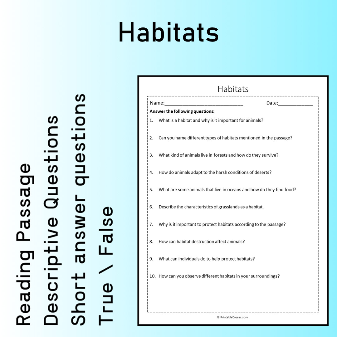 Habitats | Reading Comprehension Passage Printable Worksheet