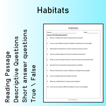Habitats | Reading Comprehension Passage Printable Worksheet