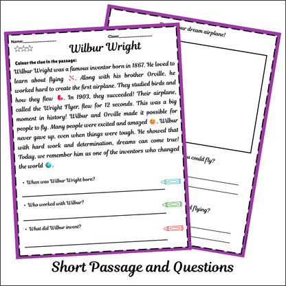 Wilbur Wright | Short Reading Comprehension Creative Worksheet