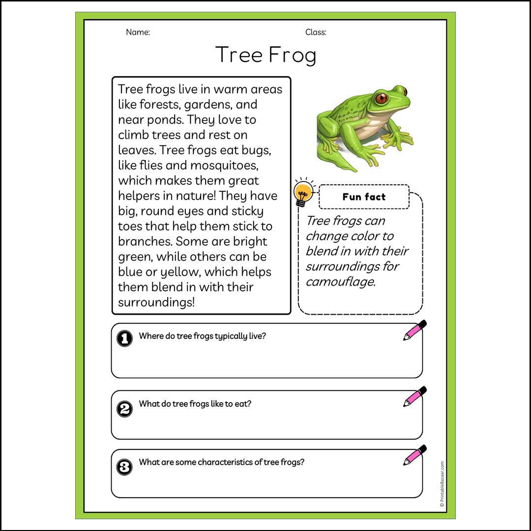 Tree Frog | Reading Passage Comprehension Questions Writing Facts Worksheet