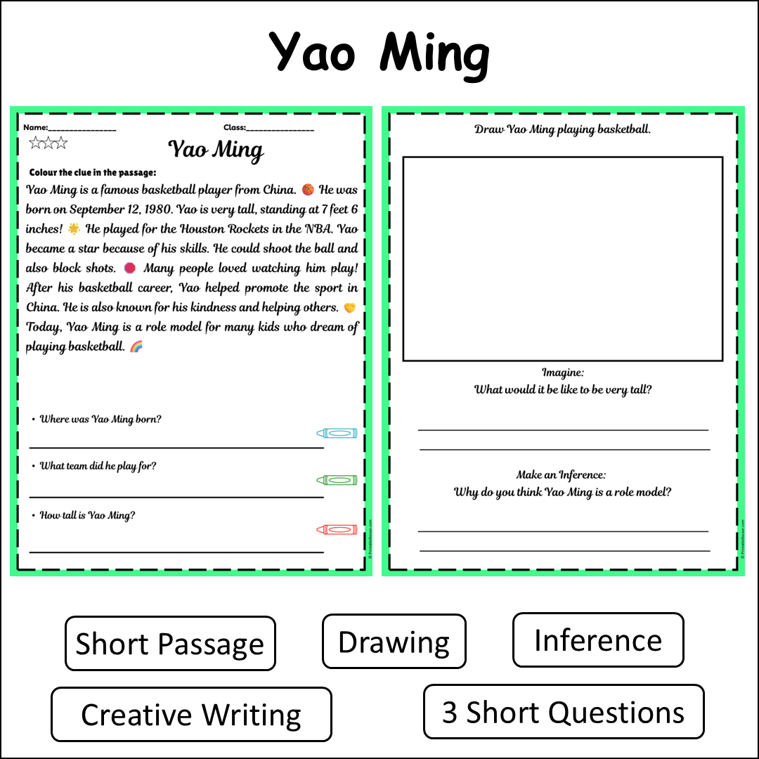 Yao Ming | Short Reading Comprehension Creative Worksheet