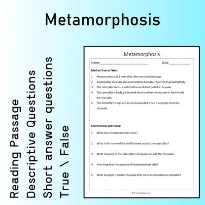 Metamorphosis | Reading Comprehension Passage Printable Worksheet