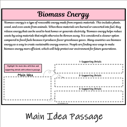 Biomass Energy | Main Idea and Supporting Details Reading Passage and Questions