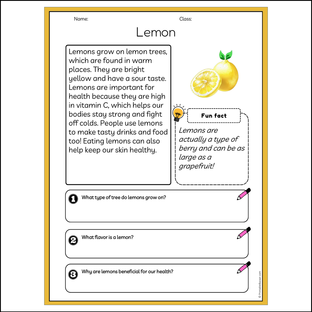 Lemon | Reading Passage Comprehension Questions Writing Facts Worksheet