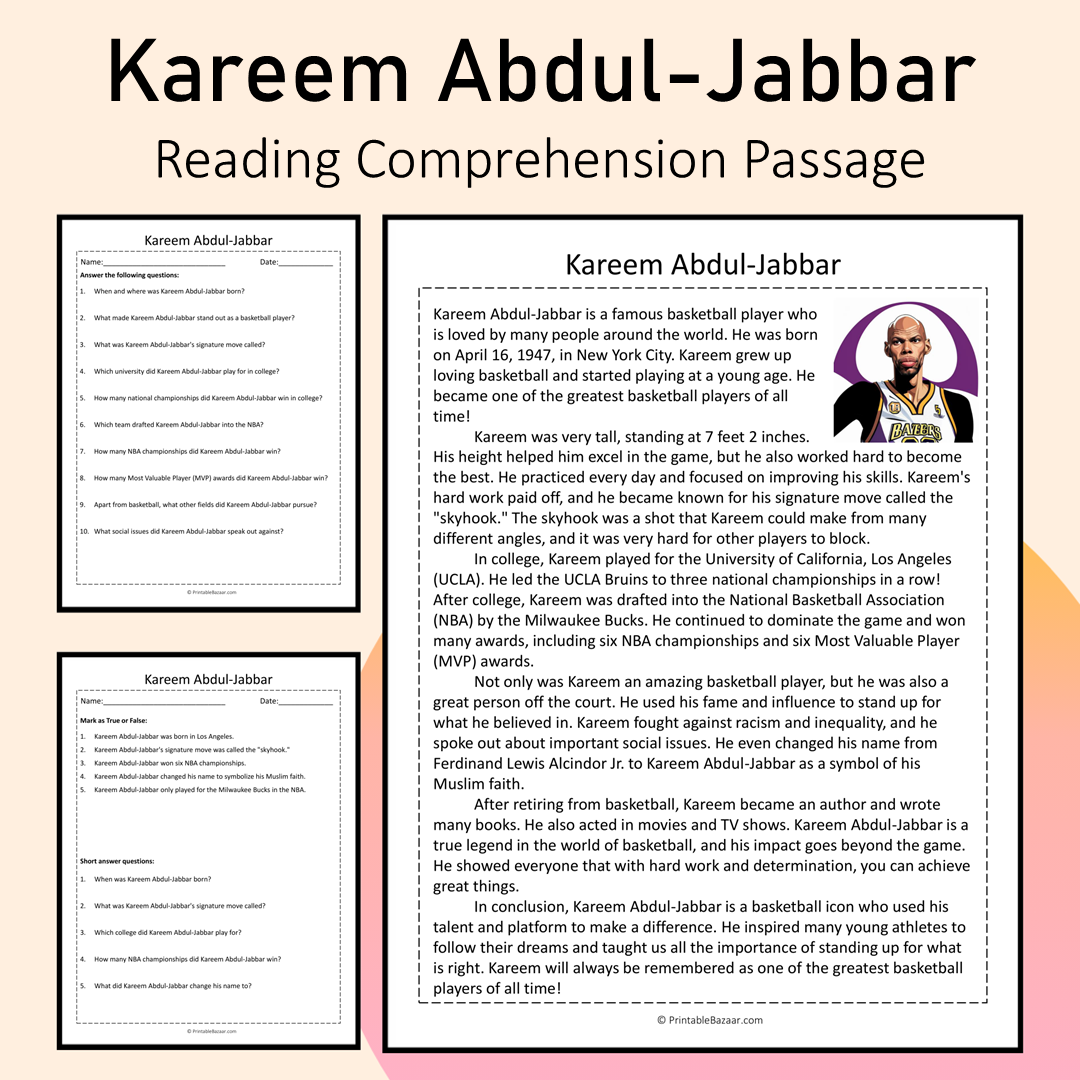 Kareem Abdul-Jabbar | Reading Comprehension Passage Printable Activity