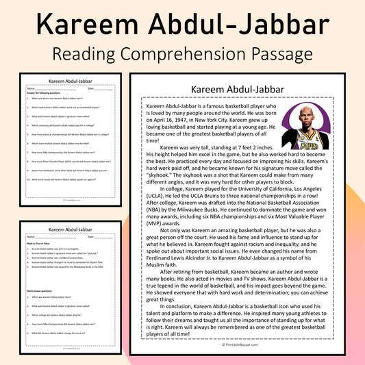 Kareem Abdul-Jabbar | Reading Comprehension Passage Printable Activity