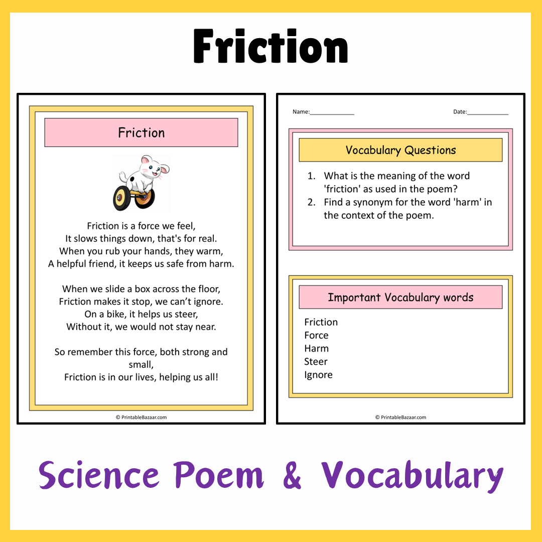 Friction | Science Poem Reading Comprehension Activity