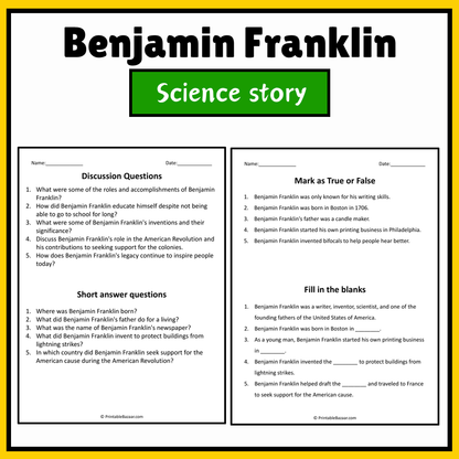 Benjamin Franklin | Science Story Reading Comprehension Activity