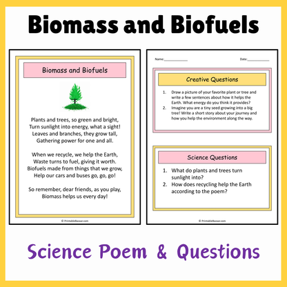 Biomass and Biofuels | Science Poem Reading Comprehension Activity