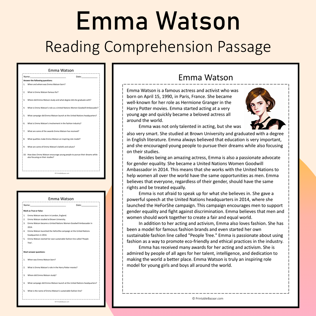 Emma Watson | Reading Comprehension Passage Printable Activity