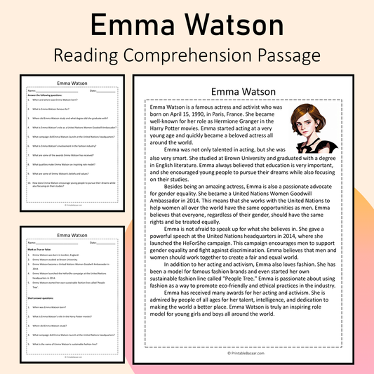 Emma Watson | Reading Comprehension Passage Printable Activity