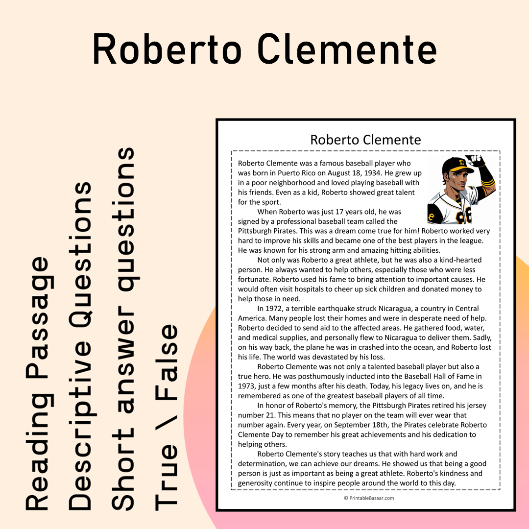 Roberto Clemente | Reading Comprehension Passage Printable Activity