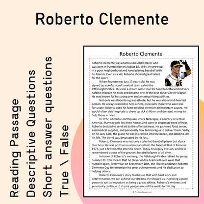 Roberto Clemente | Reading Comprehension Passage Printable Activity