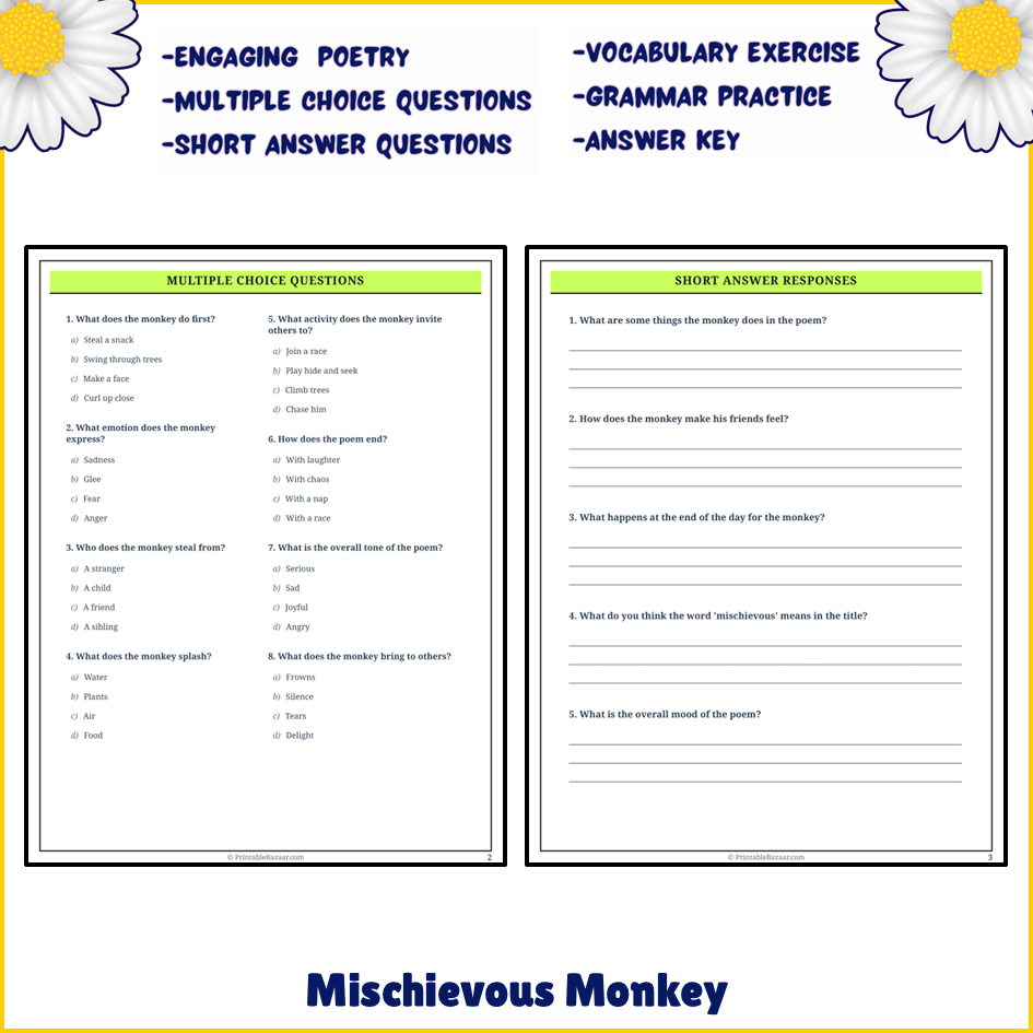 Mischievous Monkey | Poem Grammar Worksheet Printable Activity