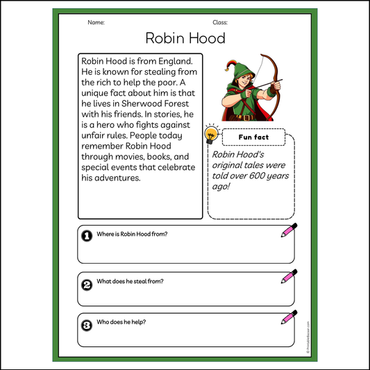 Robin Hood | Reading Passage Comprehension Questions Writing Facts Worksheet