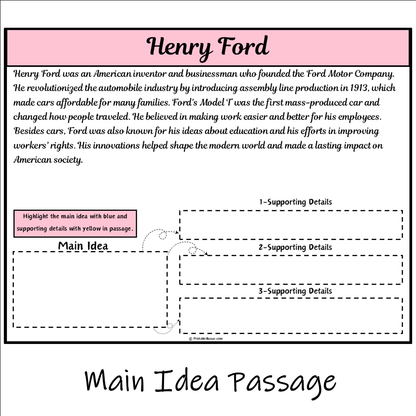 Henry Ford | Main Idea and Supporting Details Reading Passage and Questions