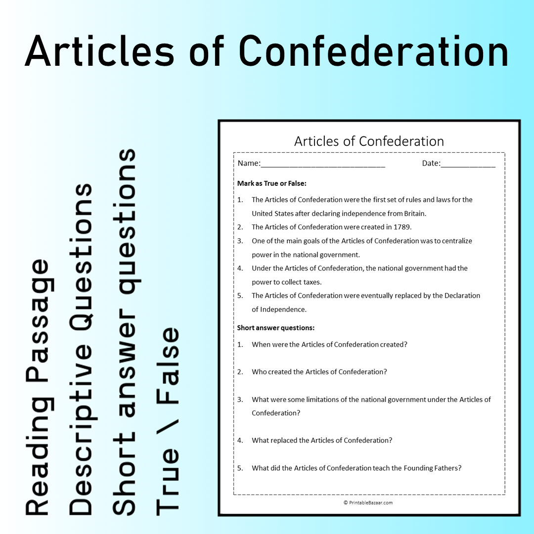 Articles of Confederation | Reading Comprehension Passage Printable Worksheet