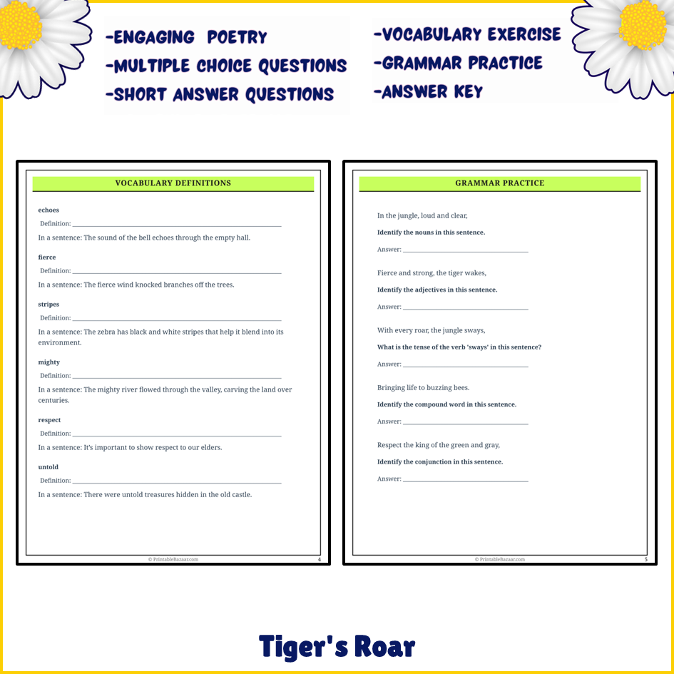 Tiger's Roar | Poem Grammar Worksheet Printable Activity