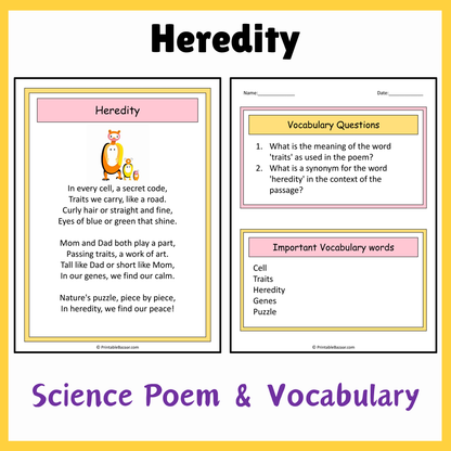 Heredity | Science Poem Reading Comprehension Activity