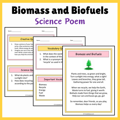 Biomass and Biofuels | Science Poem Reading Comprehension Activity