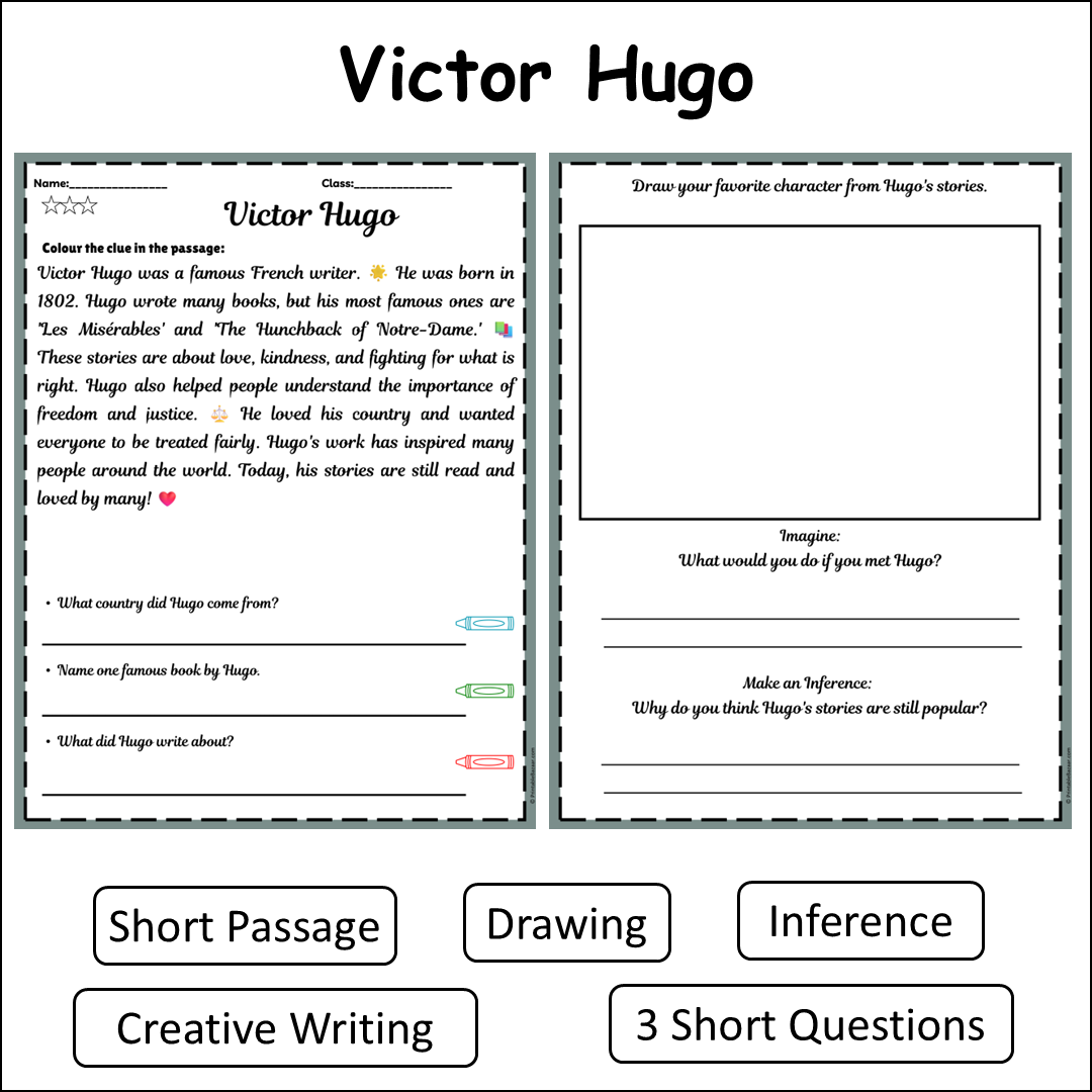 Victor Hugo | Short Reading Comprehension Creative Worksheet
