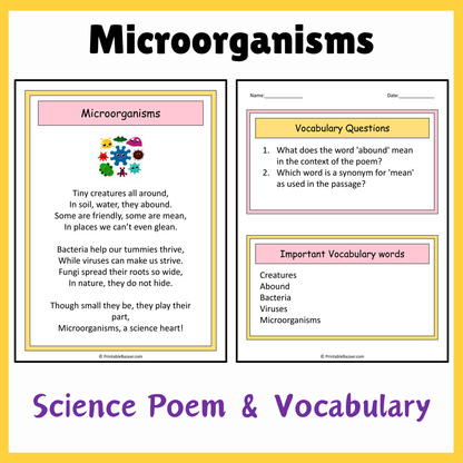 Microorganisms | Science Poem Reading Comprehension Activity