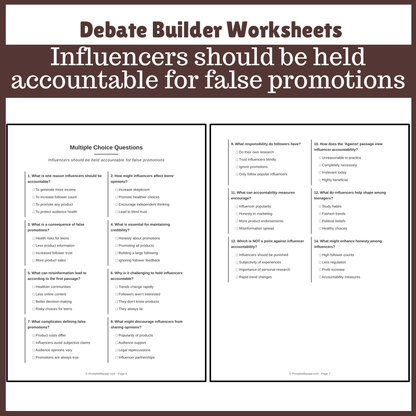 Influencers should be held accountable for false promotions | Favour and Against Worksheet Printable Activity