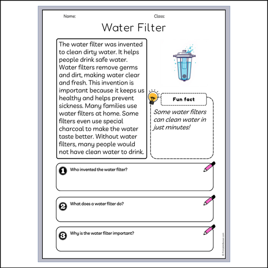 Water Filter | Reading Passage Comprehension Questions Writing Facts Worksheet