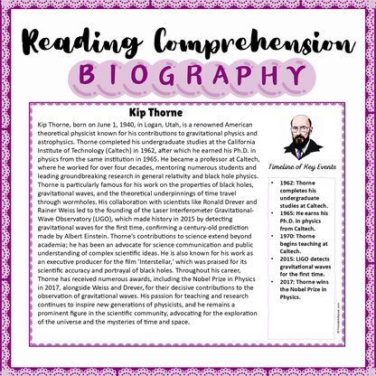 Kip Thorne | Biography Reading Comprehension and Questions Worksheet