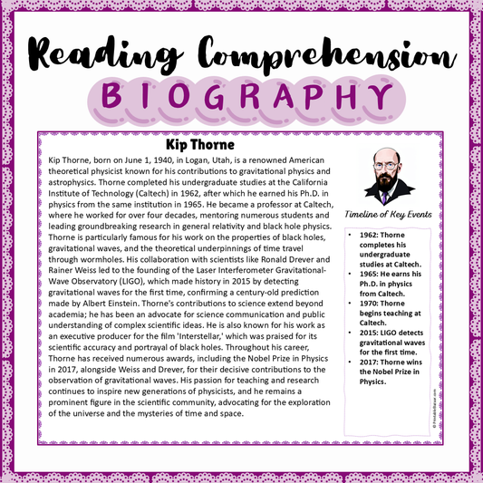 Kip Thorne | Biography Reading Comprehension and Questions Worksheet