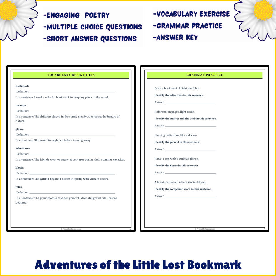 Adventures of the Little Lost Bookmark | Poem Grammar Worksheet Printable Activity