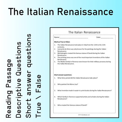 The Italian Renaissance | Reading Comprehension Passage Printable Worksheet