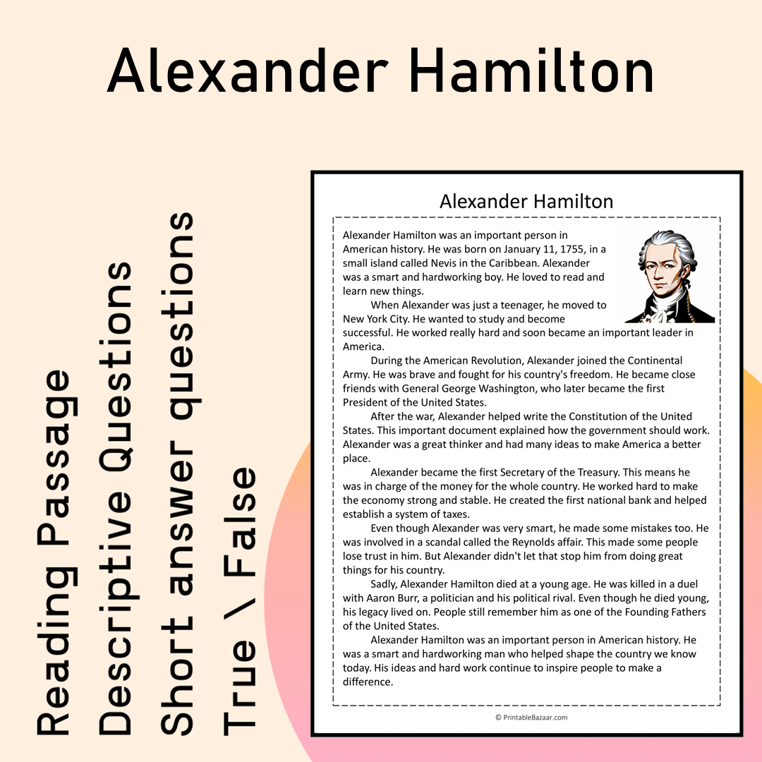 Alexander Hamilton | Reading Comprehension Passage Printable Activity