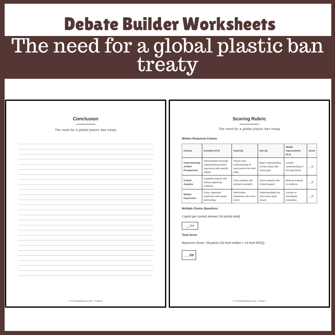 The need for a global plastic ban treaty | Favour and Against Worksheet Printable Activity