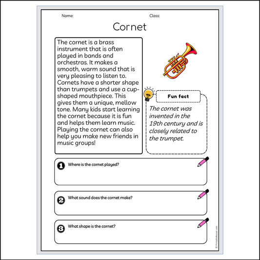 Cornet | Reading Passage Comprehension Questions Writing Facts Worksheet