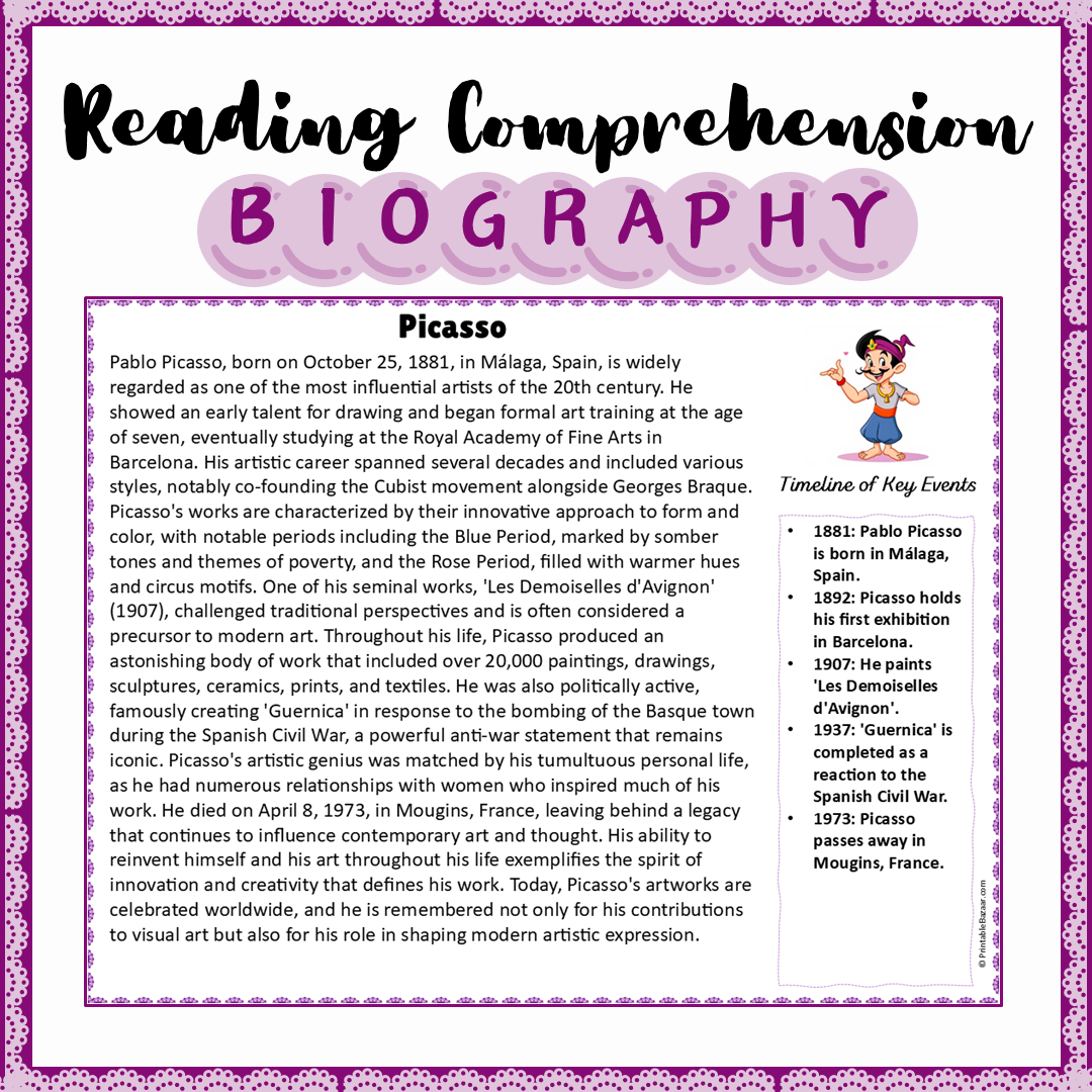 Picasso | Biography Reading Comprehension and Questions Worksheet