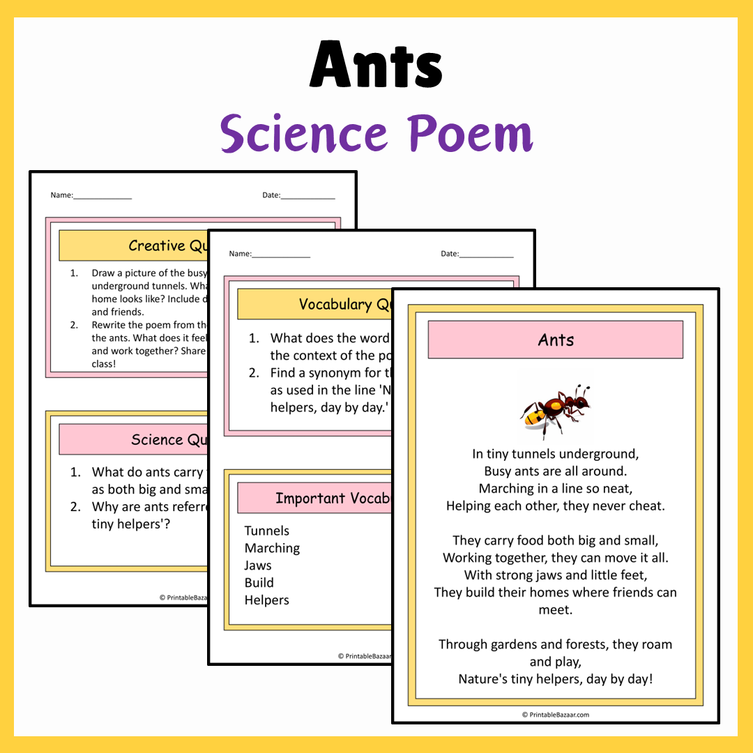 Ants | Science Poem Reading Comprehension Activity