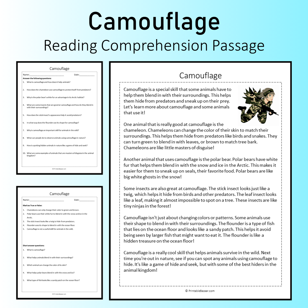 Camouflage | Reading Comprehension Passage Printable Worksheet