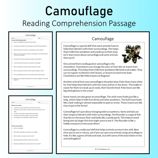 Camouflage | Reading Comprehension Passage Printable Worksheet