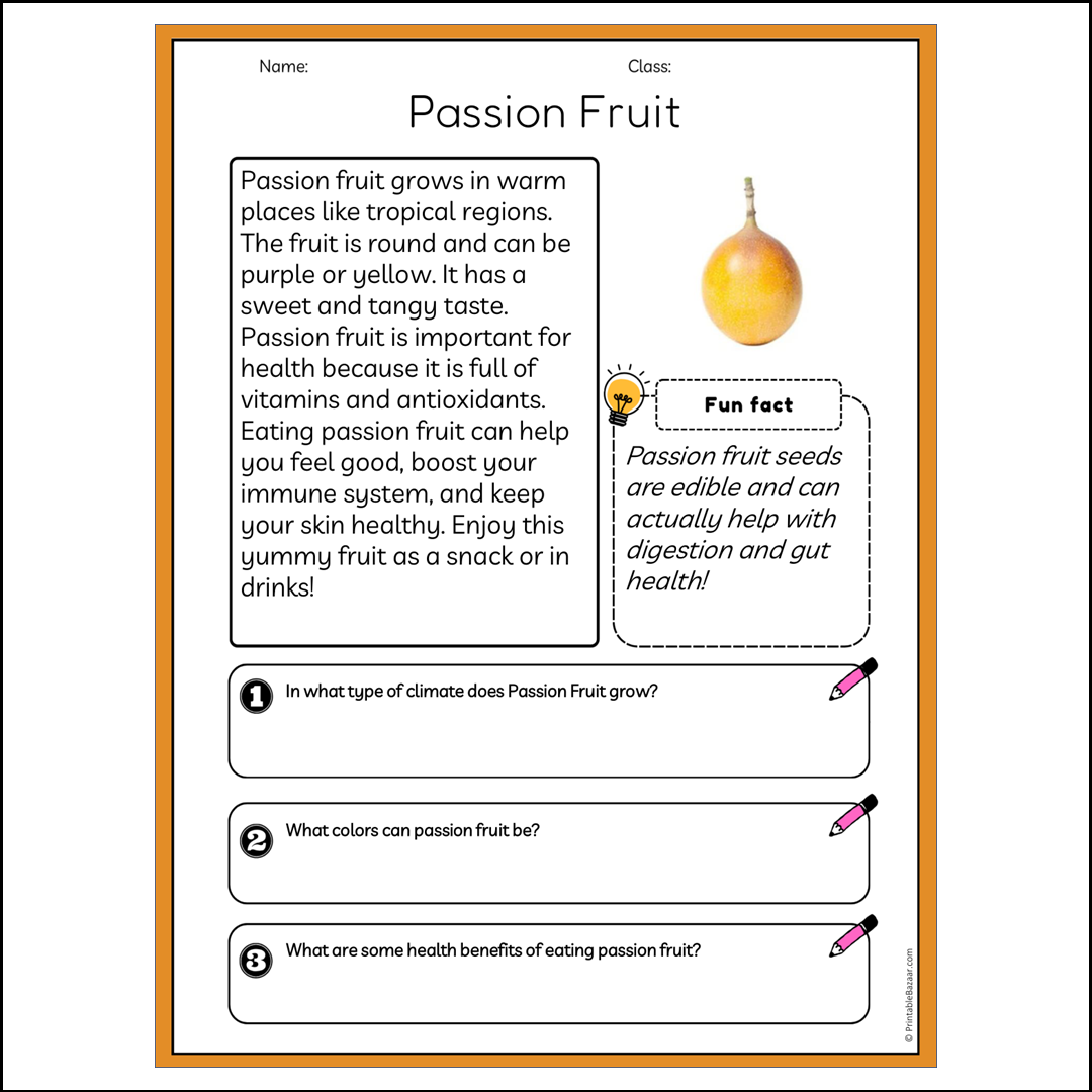 Passion Fruit | Reading Passage Comprehension Questions Writing Facts Worksheet