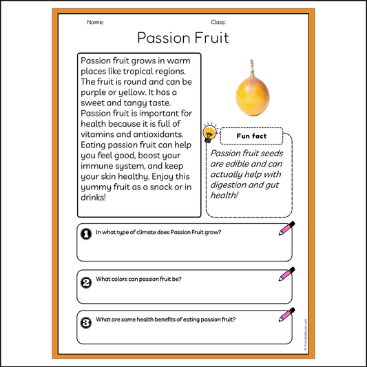 Passion Fruit | Reading Passage Comprehension Questions Writing Facts Worksheet