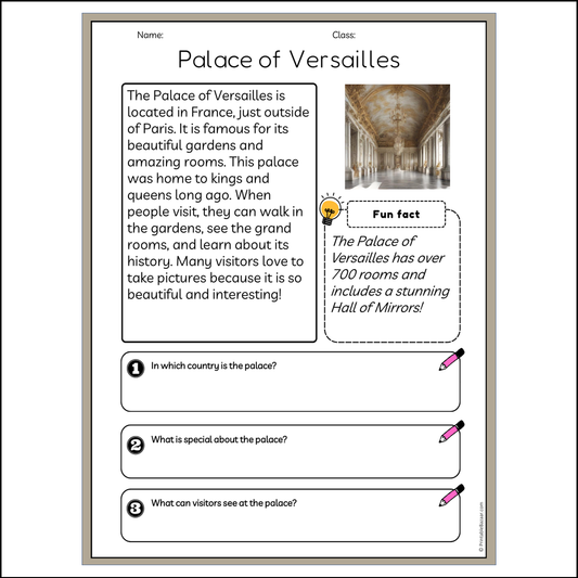 Palace of Versailles | Reading Passage Comprehension Questions Writing Facts Worksheet