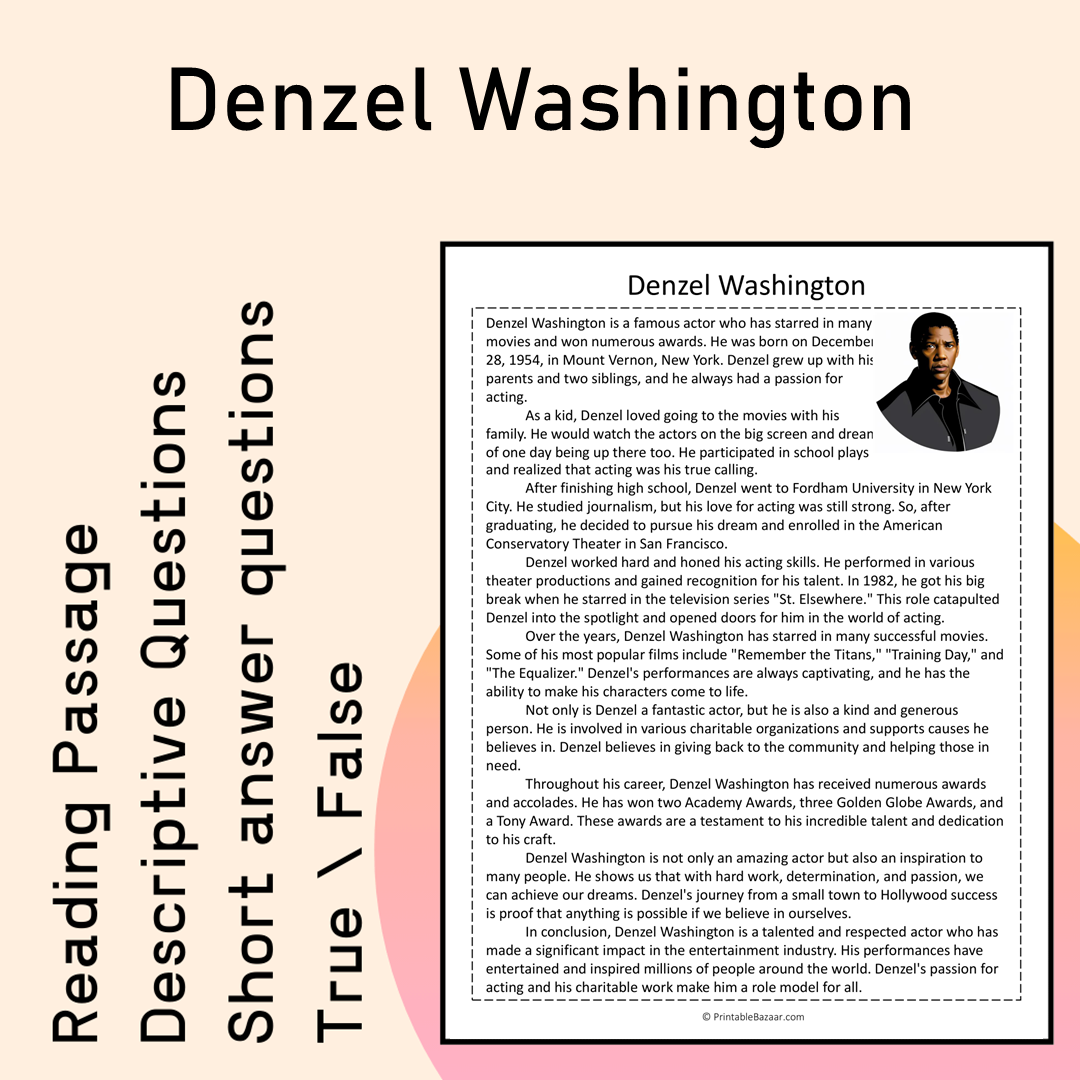 Denzel Washington | Reading Comprehension Passage Printable Activity