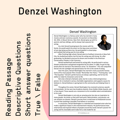 Denzel Washington | Reading Comprehension Passage Printable Activity