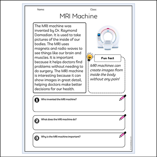 MRI Machine | Reading Passage Comprehension Questions Writing Facts Worksheet