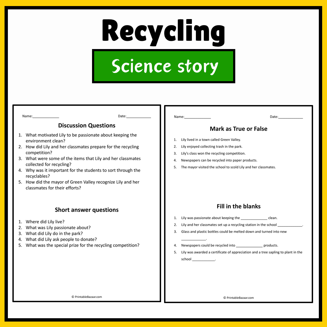 Recycling | Science Story Reading Comprehension Activity